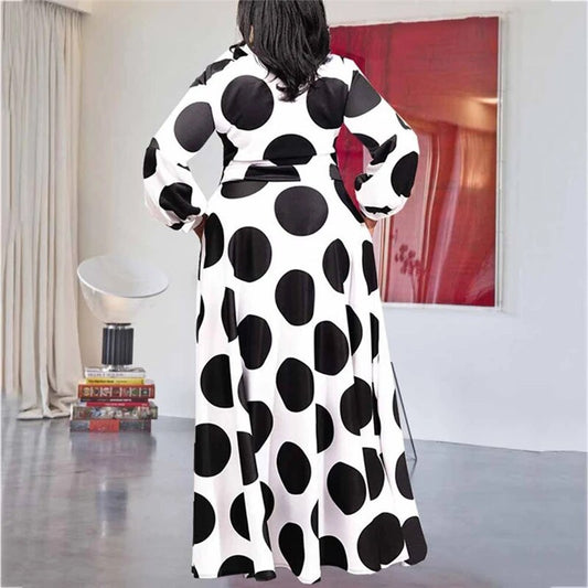 Black/White Polka Dot Bohemian Plus Size Long Sleeve Maxi Dress to 5X Plus Size