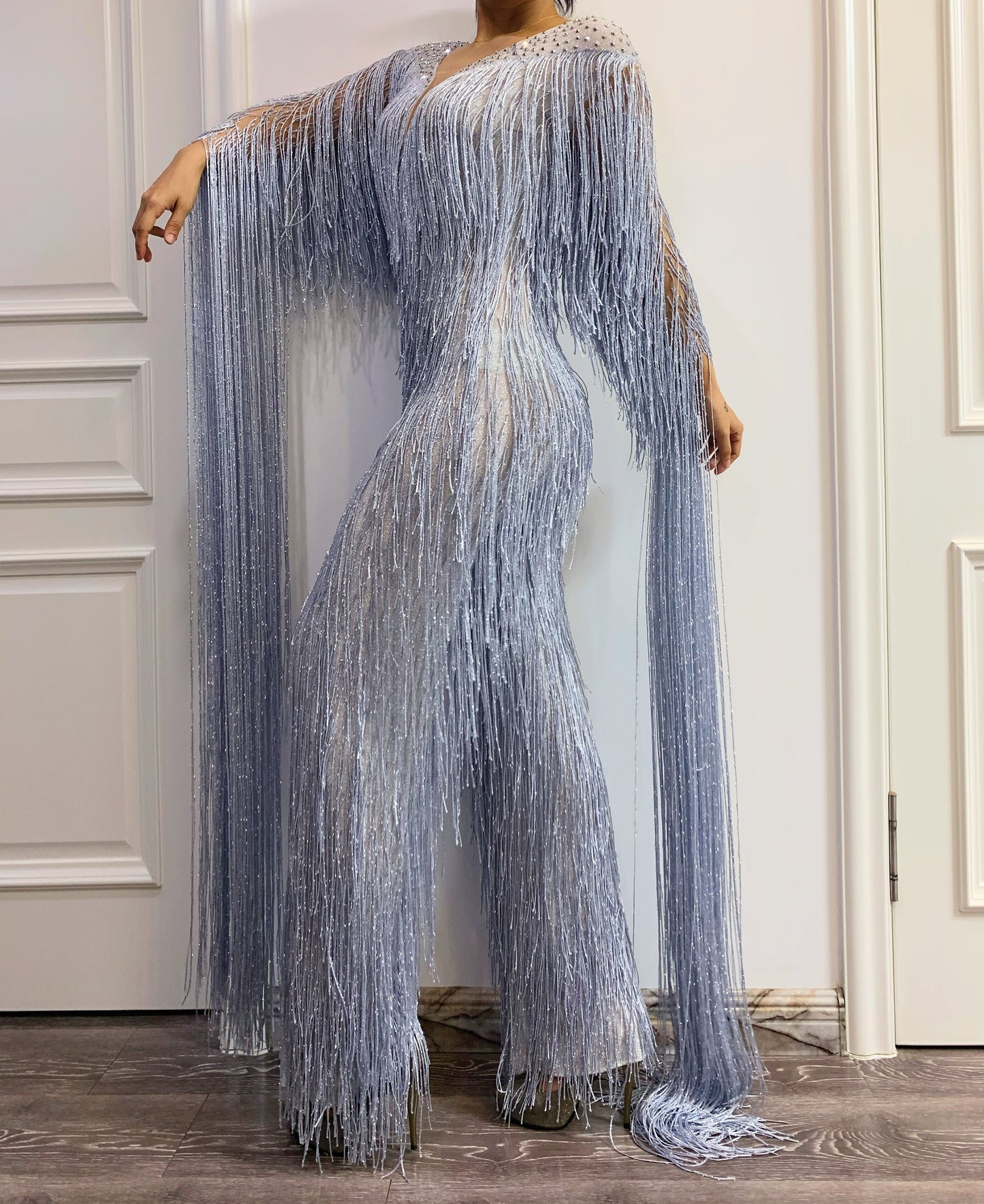 Tassel Fringe Silver Metallic Rhinestone Formal Party Jumpsuit