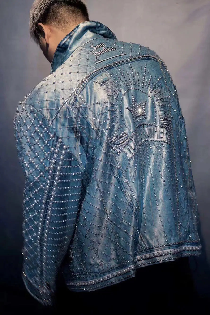 Shiny Blue Unisex Denim Diamond Pearl Jean Jacket - Men's & Women's Sizes