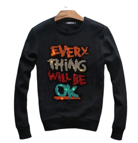 Men's "EVERY THING WILL BE OK" Hot Drill Sparkling Rhinestone Anime Long Sleeve Pullover O-Neck Sweatshirt
