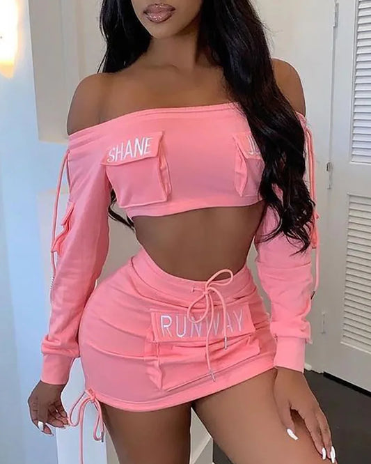 Hot Pink Cargo Pocket Design Letter Print Off-the-Shoulder Long Sleeve Crop Top & Drawstring High Waist Mini Skirt 2-Piece Set