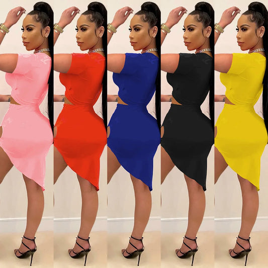 Hollow-Out Solid Color Short Sleeve Women's Cut-Out Crop Top + Irregular Bandage Mini Skirt 2-Piece Set