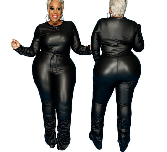 Black Women's PU Faux Leather Long Sleeve Top + Stacked Pants Skinny 2-Piece Set to 4X Plus Size