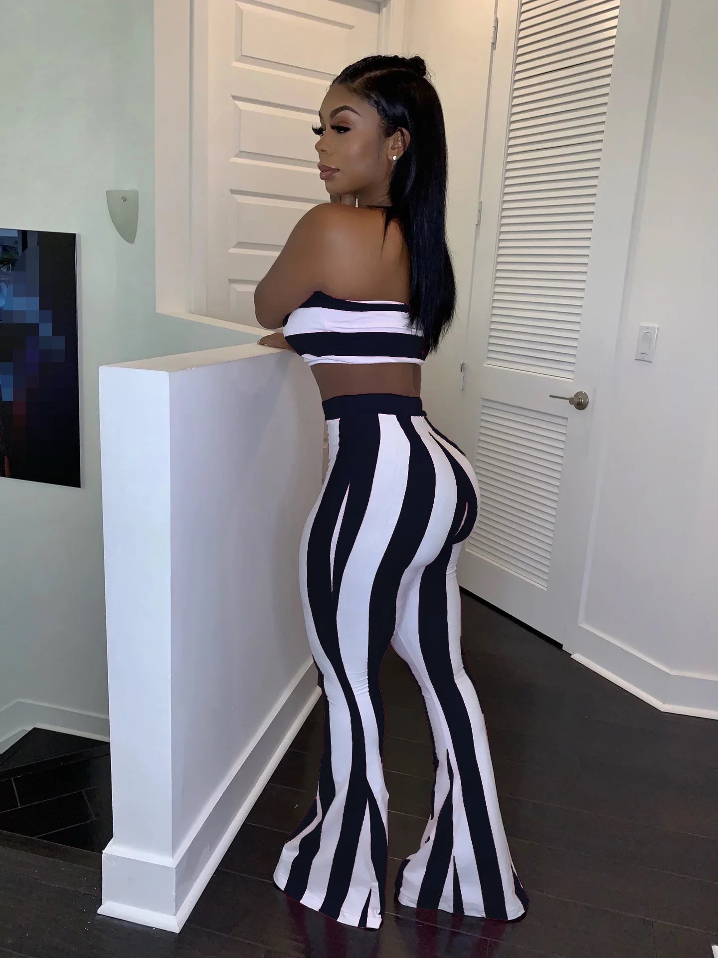 Sleeveless Striped Colorblock Tube Top+ Bodycon Flared Leggings Women's 2-Piece Set