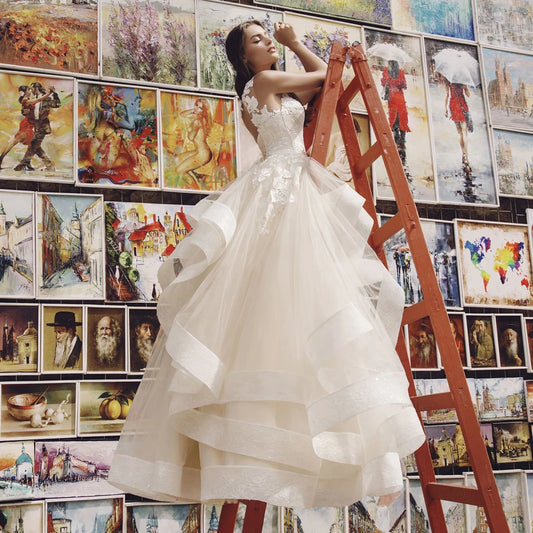 Oversized Lace Scoop Ruffled Champagne Bridal Gown Dress