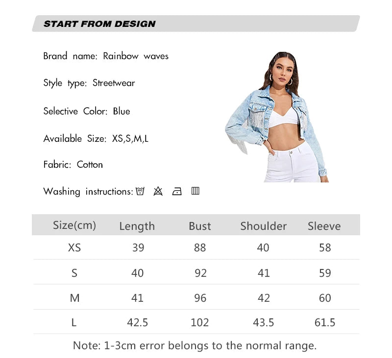 Denim Light Blue Women's Tassel Fringe Long Sleeve Loose Streetwear Women’s Cropped Jean Jacket