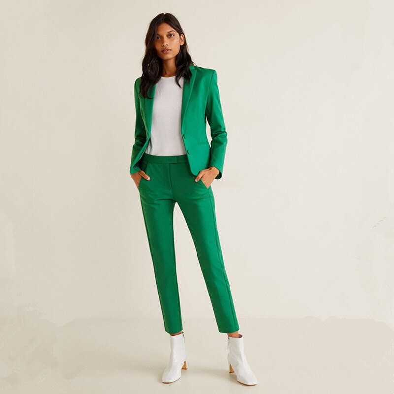 Green Custom Made Women's Blazer Jacket + Ankle-Length Pants Suit