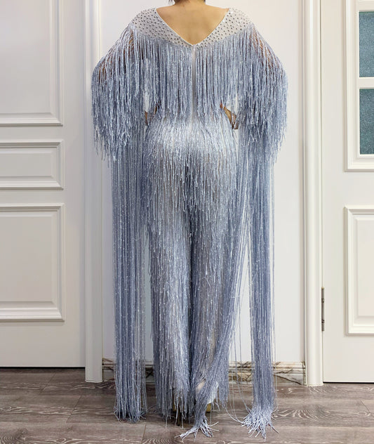 Tassel Fringe Silver Metallic Rhinestone Formal Party Jumpsuit