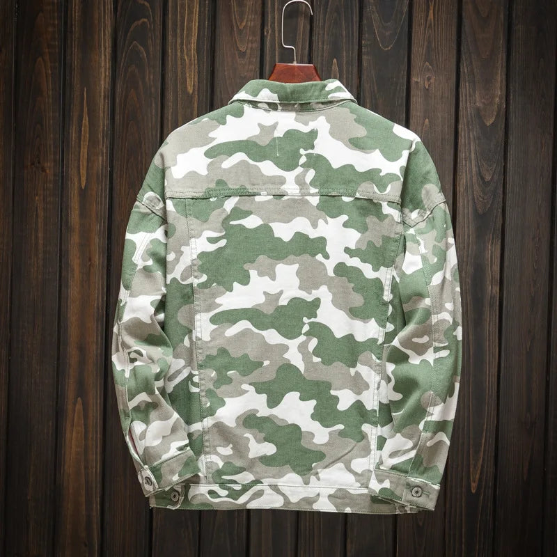 Men`s Camouflage Denim Jacket Streetwear Multi-Pocket Camo Cargo Jean Jacket