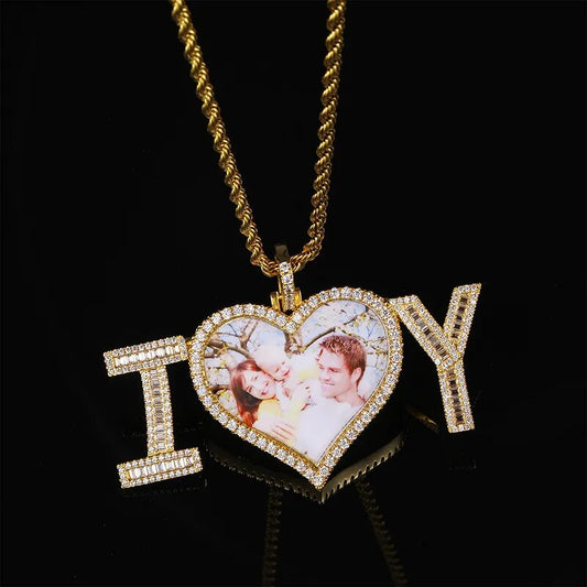 Customized Rhinestone "I ❤️ Y" Photo Heart Pendant Shaped CZ Baguette Stone Necklace Cuban/Rope/Tennis Chain