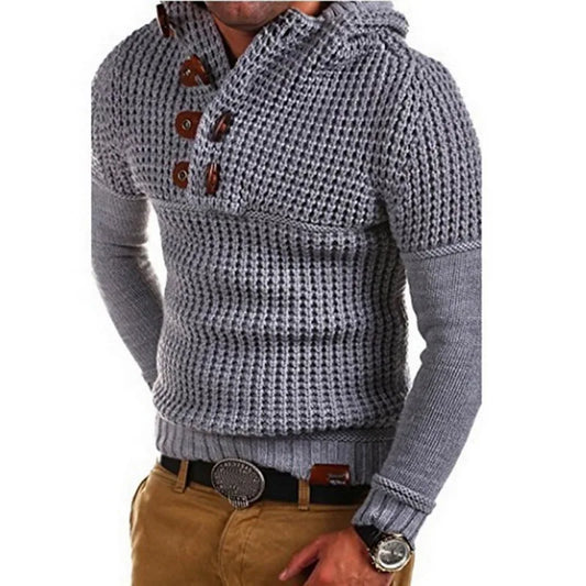 Men's Wool Ribbed Knitted Pullover Button Design Hoodie Sweater