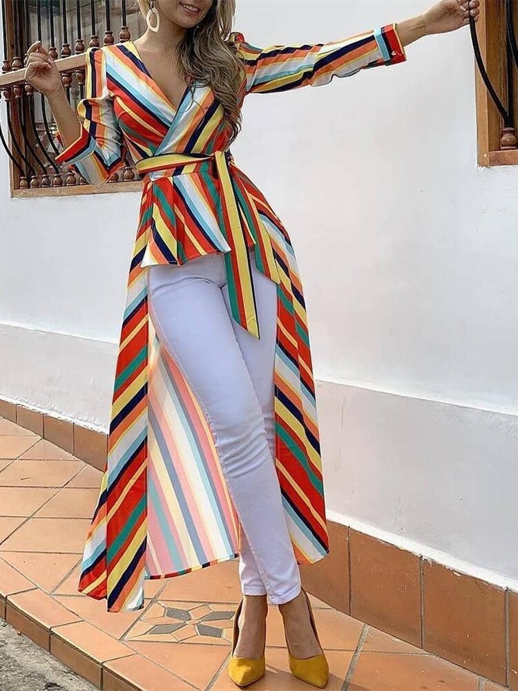Rainbow Striped Ruffled Asymmetrical Tied Front Dip Hem Maxi Blouse
