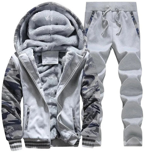 Men's Velvet Lined Camouflage/Colorblock Print Zipper Hoodie Sweat Jacket + Solid Color Skinny Ruched Drawstring Sweatpants Tracksuit
