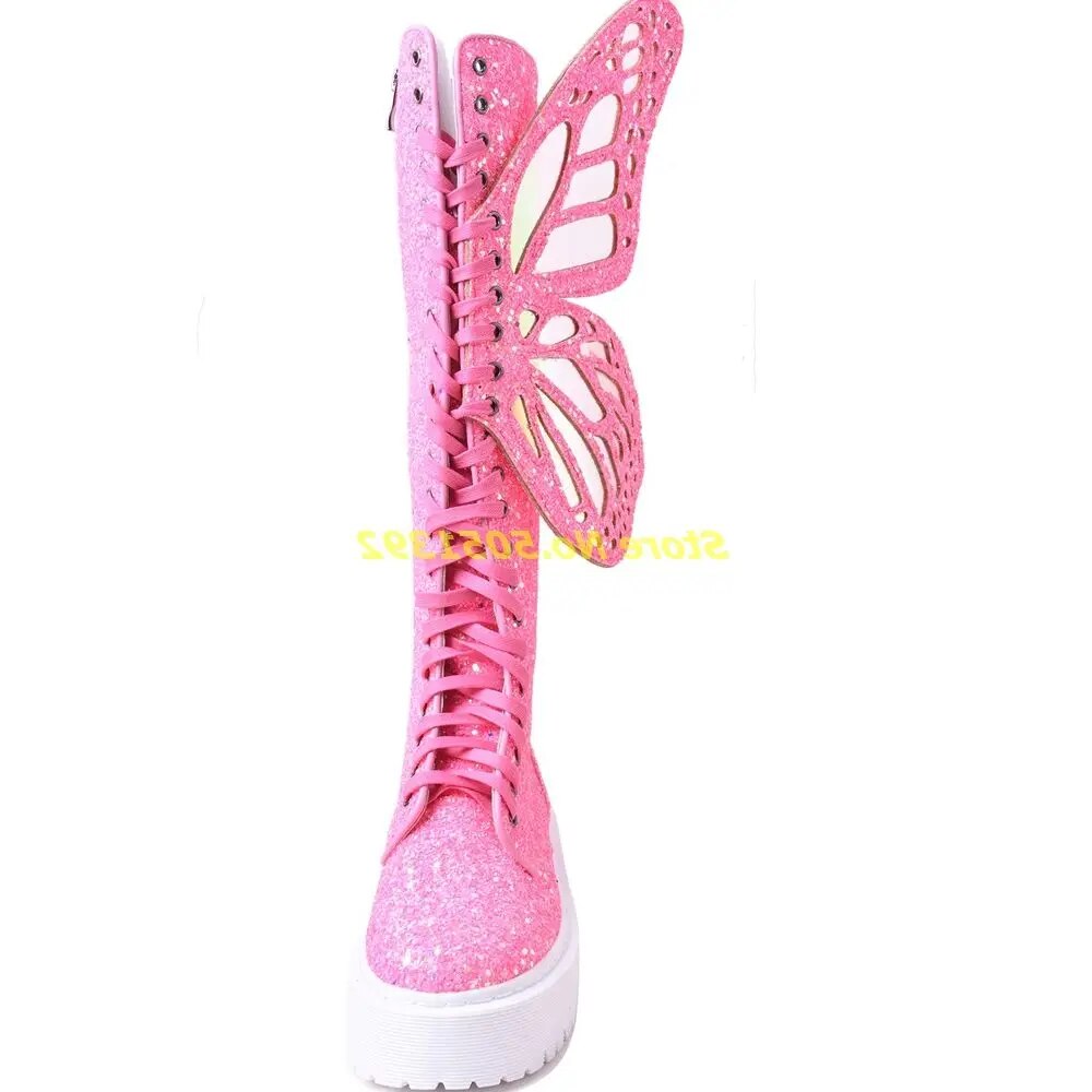 Pink Sparkling Glitter Knee High Muffin Lace-Up Round Toe Women's Boots