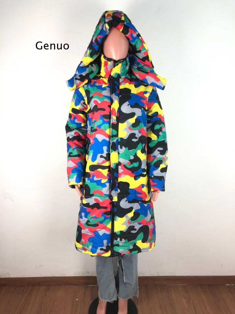Colored Camouflage Print Long Unisex Cotton Padded Coat w/ Detachable Hood