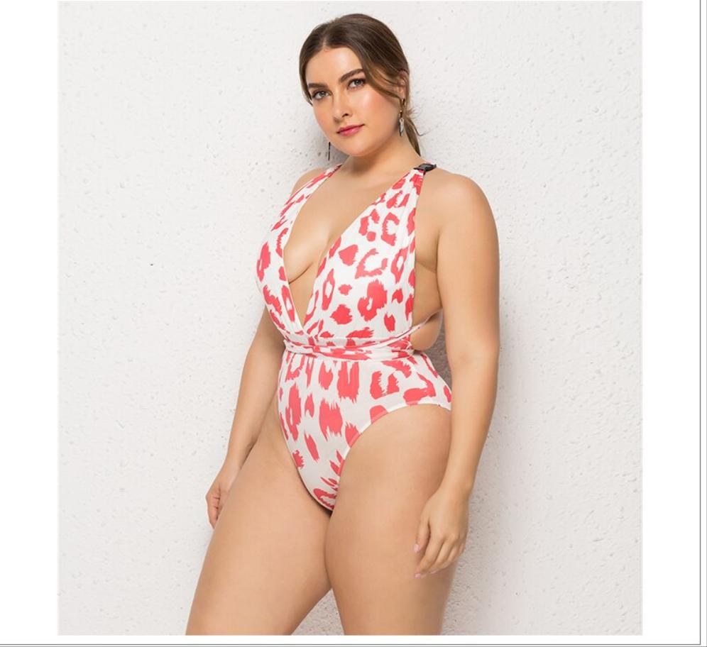 Red/White Leopard Deep V-Neck Push-Up Halter One-Piece Swimsuit to 5X Plus Size