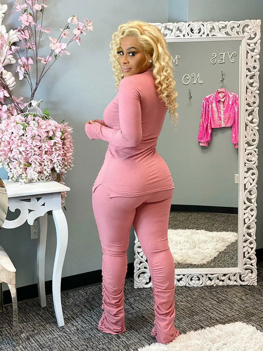 Knitted Ribbed Solid Color Women's O-Neck Long Sleeve Slit Top + Stacked Pants 2-Piece Set