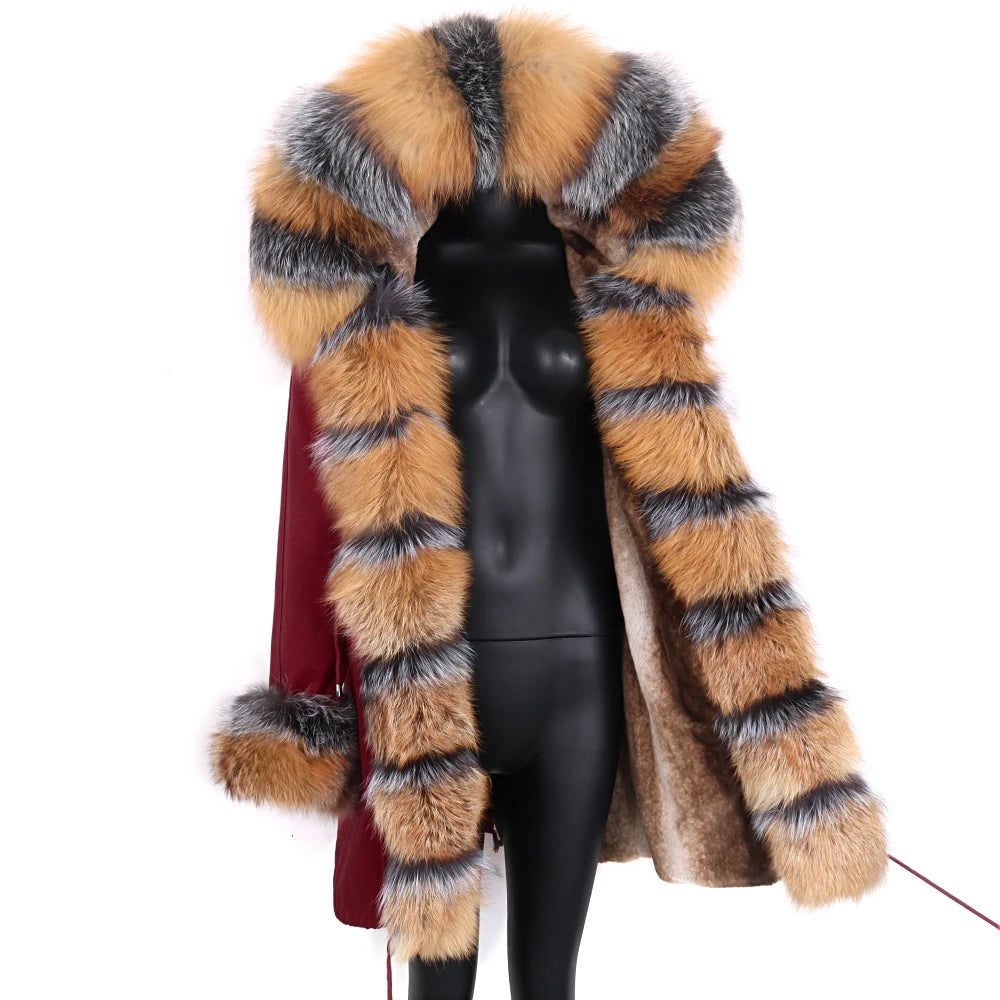 Colorblock Real Fur Oversized Collar Hip-Hop Design Women's Hooded Full Pelt Trenchcoat