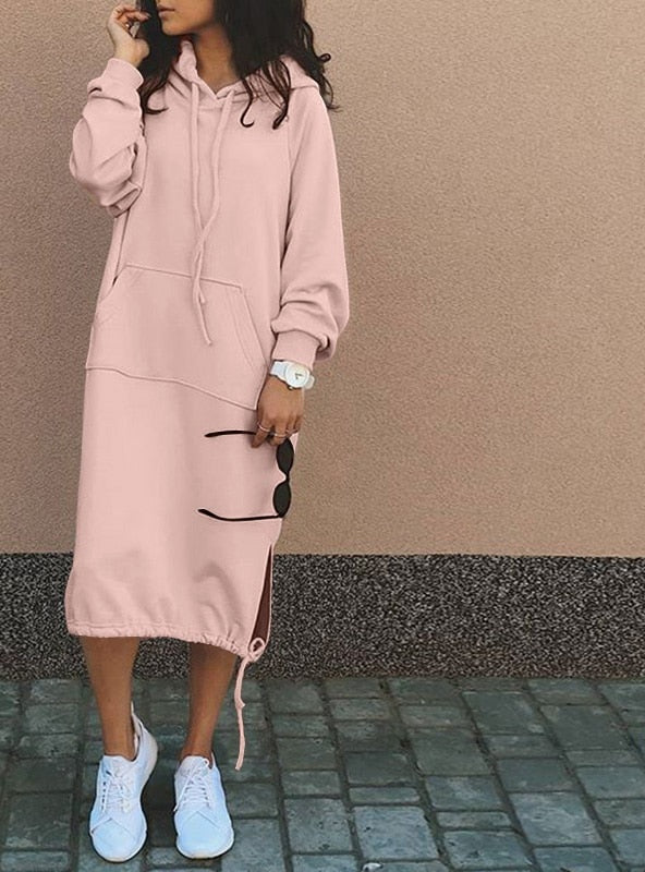 Drawstring Hem Pocketed Solid Color Loose Baggy Hoodie Sweatshirt Dress w/ to 5X Plus Size