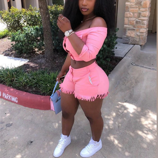 Tassel Fringe Detail Women's Off-the-Shoulder Button-Up Long Sleeve Crop Top + Mini Shorts 2-Piece Set to 4X Plus Size