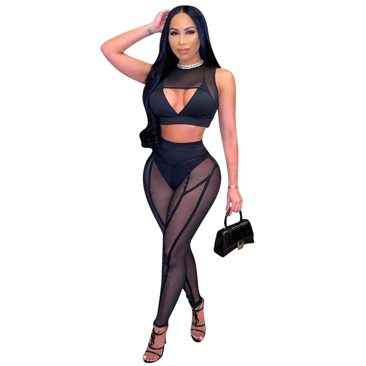 Sheer Mesh Solid Color Hollow-Out Patchwork Women's Sleeveless Crop Top + Transparent Leggings 2-Piece Set