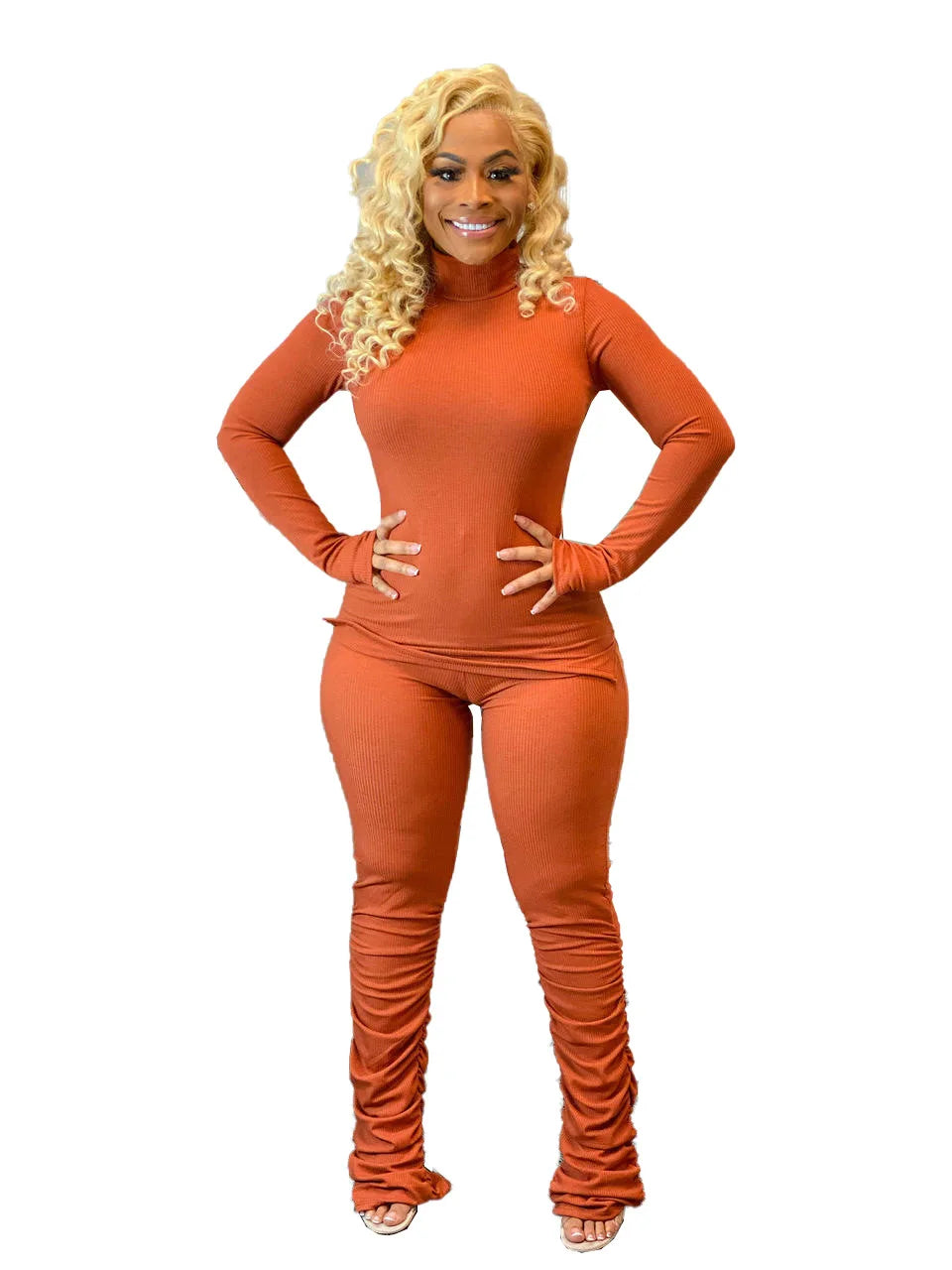 Knitted Ribbed Solid Color Women's O-Neck Long Sleeve Slit Top + Stacked Pants 2-Piece Set