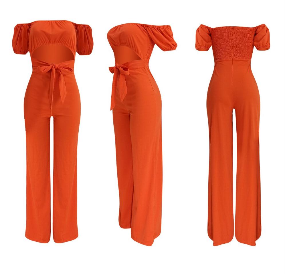 Cropped Top Solid Color Off-the-Shoulder Short Sleeve High Waist Wide Leg Jumpsuit