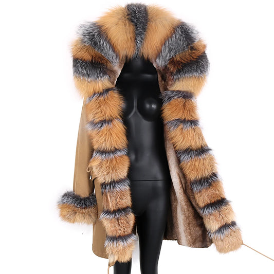 Colorblock Real Fur Oversized Collar Hip-Hop Design Women's Hooded Full Pelt Trenchcoat