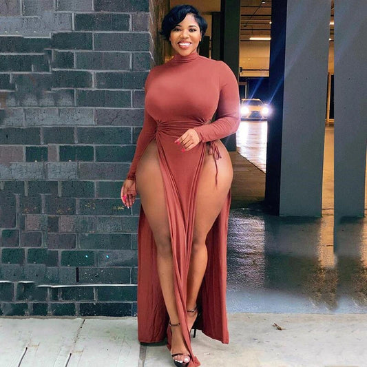Turtleneck Double Drawstring High Slit Solid Color Long Sleeve Bodycon Maxi Dress to 5X Plus Size