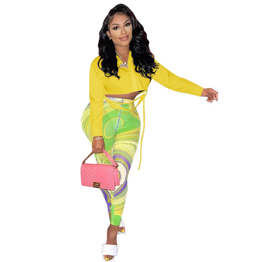 Ribbon Detail Solid Color Long Sleeve Cropped Blouse + Geometric Swirl Print Leggings 2-Piece Set