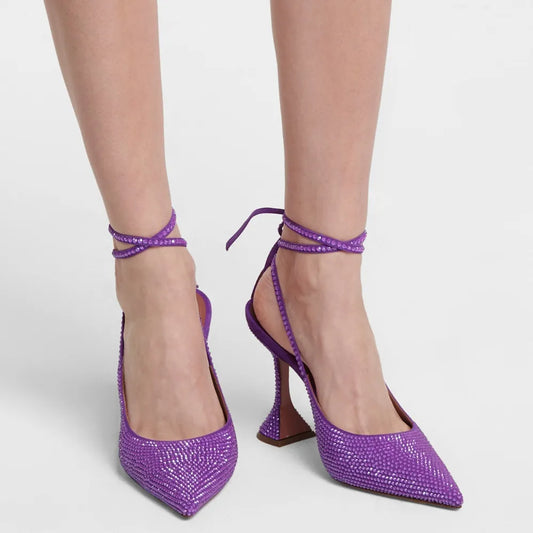 Sequined Crystal Ankle Strap Women's Cross-Tied Spiked Heel Slingback Pumps