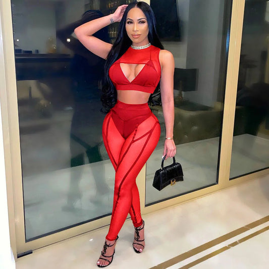 Sheer Mesh Solid Color Hollow-Out Patchwork Women's Sleeveless Crop Top + Transparent Leggings 2-Piece Set