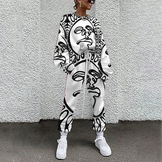 Abstract Printed Women's O-Neck Sweatshirt + Matching Sweatpants Tracksuit