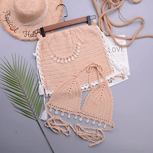 Crochet Shell Tassel Seashell Bikini Swimsuit + Ankle Chain + Lace Sheer Transparent Women's Skinny Mini Skirt 3-Piece Swimwear Set