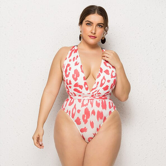 Red/White Leopard Deep V-Neck Push-Up Halter One-Piece Swimsuit to 5X Plus Size