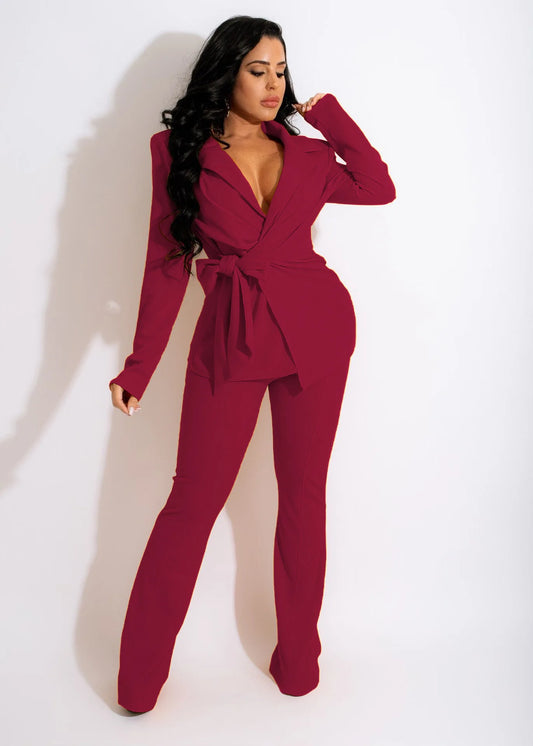 Women's Solid Color Blazer Jacket w/ Sash Belt + Pants Business Suit