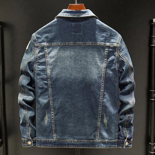 Men's Badge Ruched Sleeve Denim Streetwear Patchwork Jean Coat Ripped Jacket