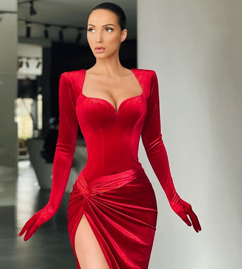 Velvet Square Collar V-Neck Solid Color High Slit Floor-Length Formal Dress w/ Gloves