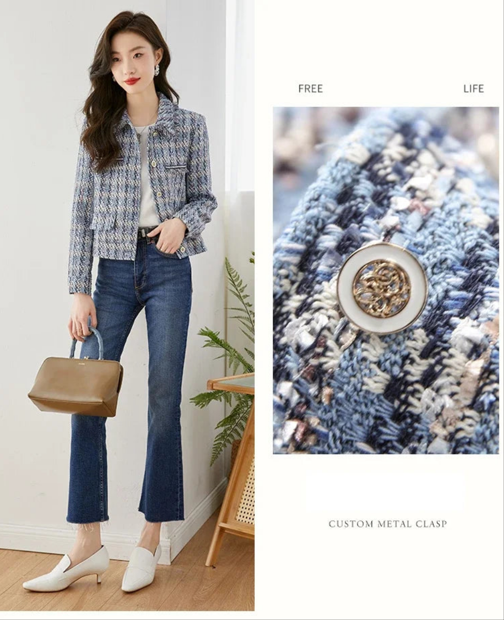 Plaid Cropped Tweed Wool Blend Tassel Design Women's Blazer