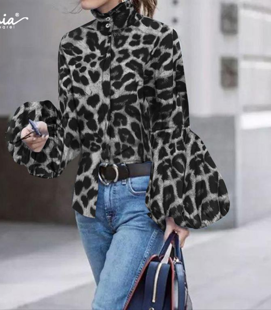 Leopard Print Lantern Sleeve High Collar Ruffled Sleeve Blouse to 5X Plus Size