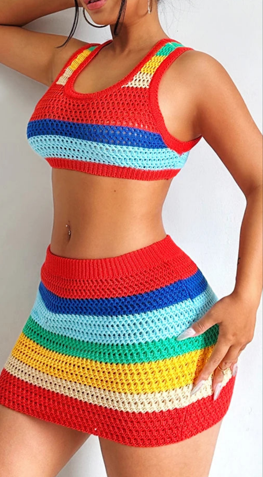 Rainbow Striped Colorblock Crochet Knitted Women’s Sleeveless Skinny Stretch Crop Tank Top+ Mini Hip Skirt 2-Piece Set