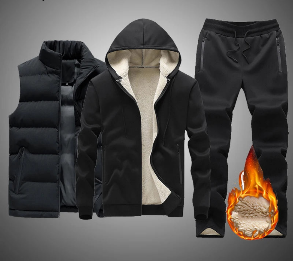 Fleece Men's Lined Thick Hoodie Zipper Sweat Jacket + Ribbed Down Puffer Vest + Solid Color Sweatpants 3-Piece Outerwear Set