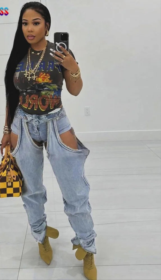 Ripped Denim Women's Hollow-Out Hipster High-Waist Cargo Pocketed Skinny Jeans