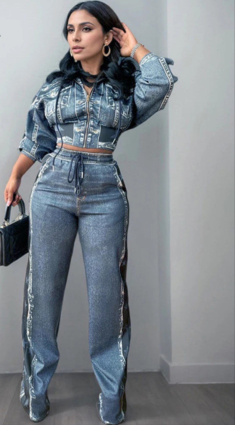 Faux Denim Women's Side Striped Patchwork Zipper Hoodie Cardigan Zipper Jacket + Wide Leg Pants 2-Piece Set