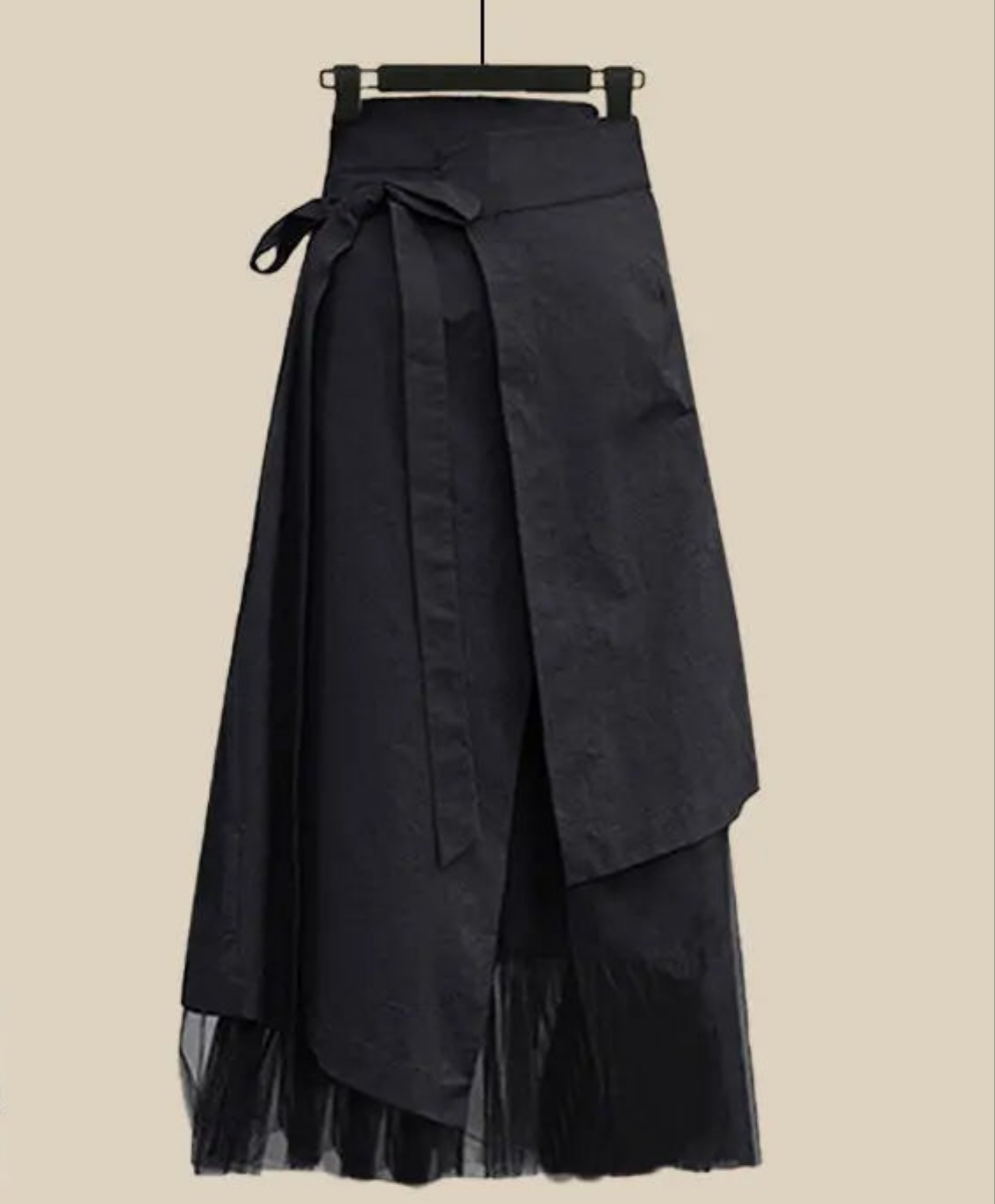 Puffed Sleeve Grey/Black Patchwork Layered Women's Preppy Sweater + Black Lace-Up Maxi Wrapped Skirt 2-Piece Set to 4X Plus Size