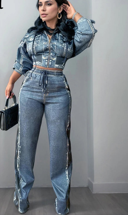 Faux Denim Women's Side Striped Patchwork Zipper Hoodie Cardigan Zipper Jacket + Wide Leg Pants 2-Piece Set