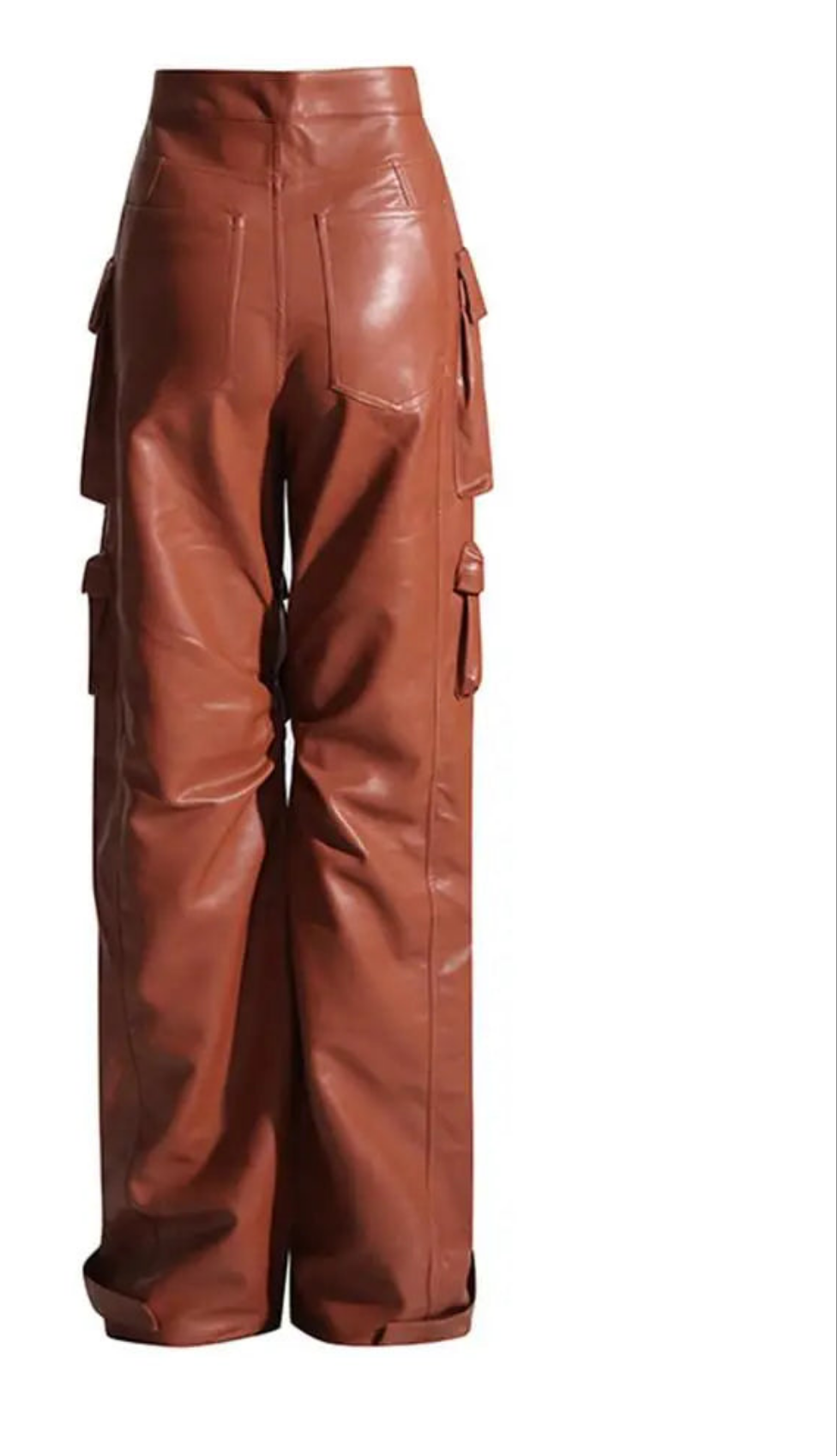 Patchwork Solid Color Baggy Stacked PU Leather Wide Leg Women's Cargo Pocketed Pants