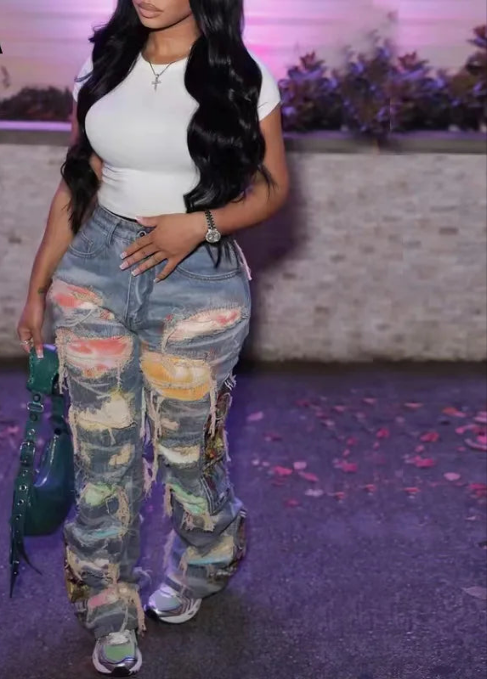 Denim Rainbow Patchwork Women's Ripped Hole Design Streetwear Cut-Out Tassel Fringe Skinny Jeans