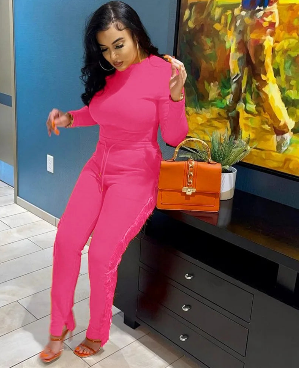 Tassel Detail Women's O-Neck Long Sleeve Top + Drawstring Skinny Pants 2-Piece Set