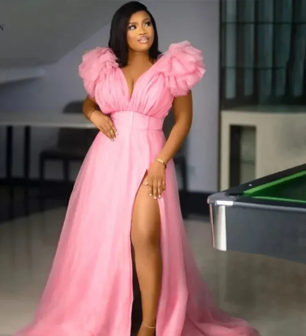 Ruffled Deep V-Neck Short Sleeve High Slit Bridesmaid Wedding/Party/Prom Formal Dress to 5X Plus Size